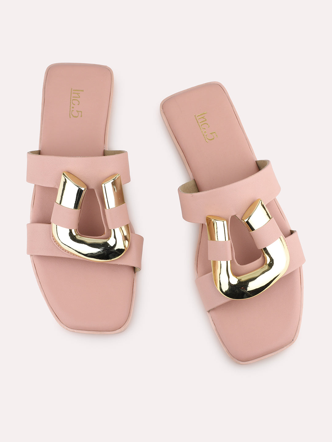 Women Peach & Gold-Toned Buckle Detailed Open Toe Flats