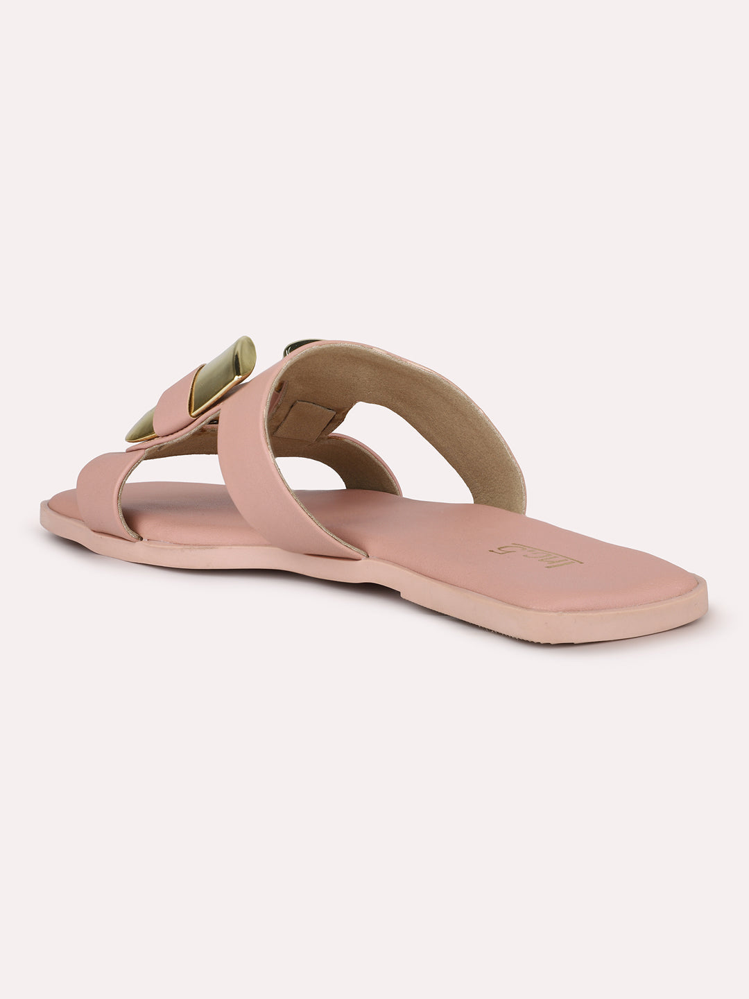 Women Peach & Gold-Toned Buckle Detailed Open Toe Flats