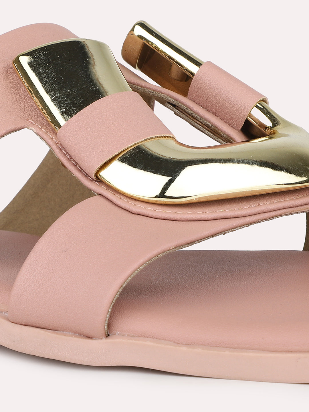 Women Peach & Gold-Toned Buckle Detailed Open Toe Flats