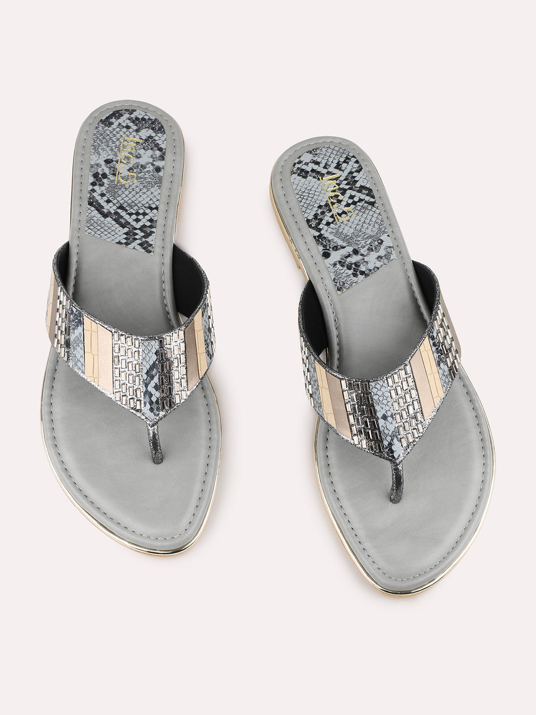 Women Grey Colourblocked Embellished Open Toe Flats