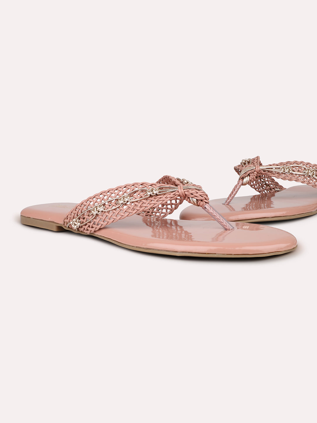 Women Peach Woven Design T-Strap Flats