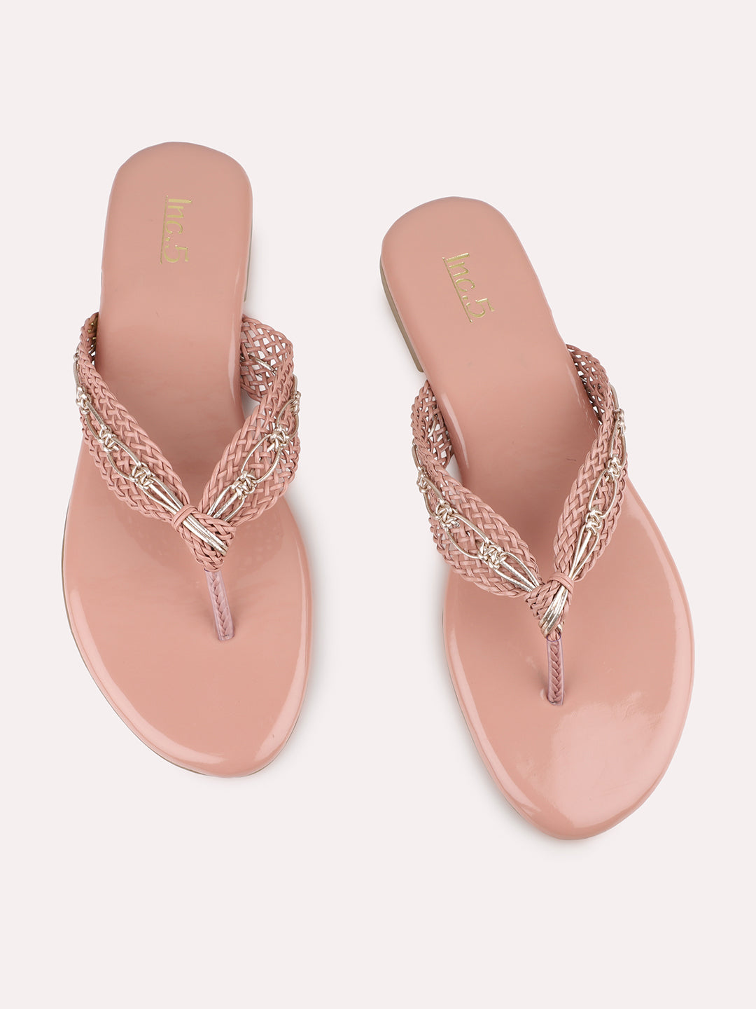 Women Peach Woven Design T-Strap Flats