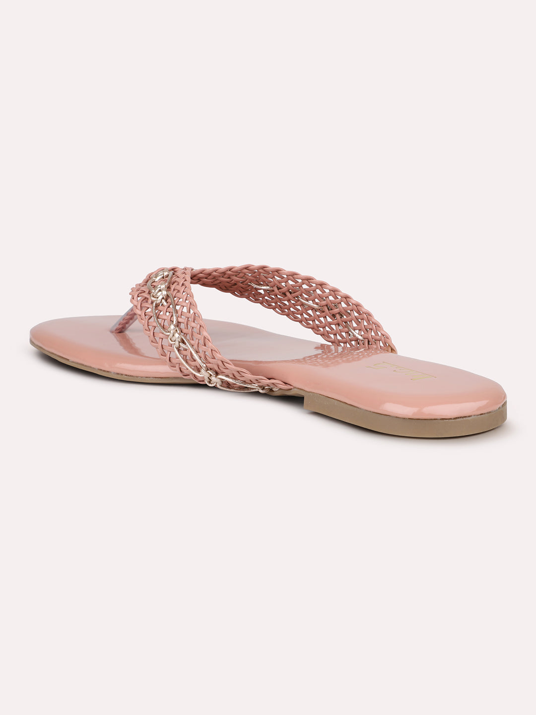 Women Peach Woven Design T-Strap Flats