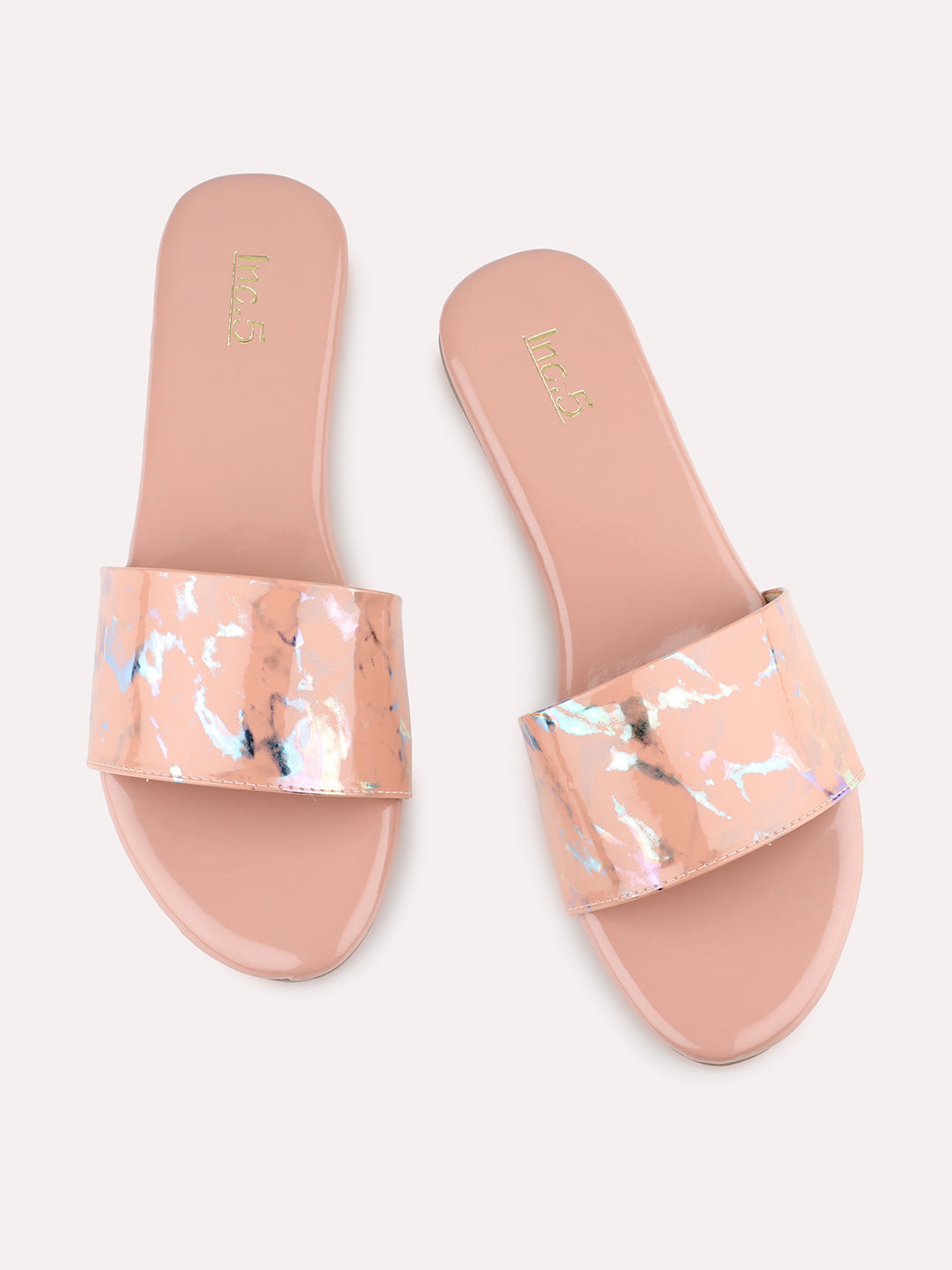 Women Peach Embellished Printed Open Toe Flats