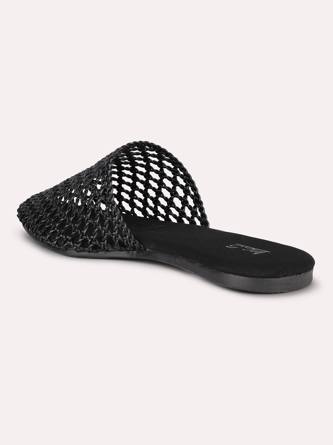 Women Black Pointed Toe Woven Design Mules Flats