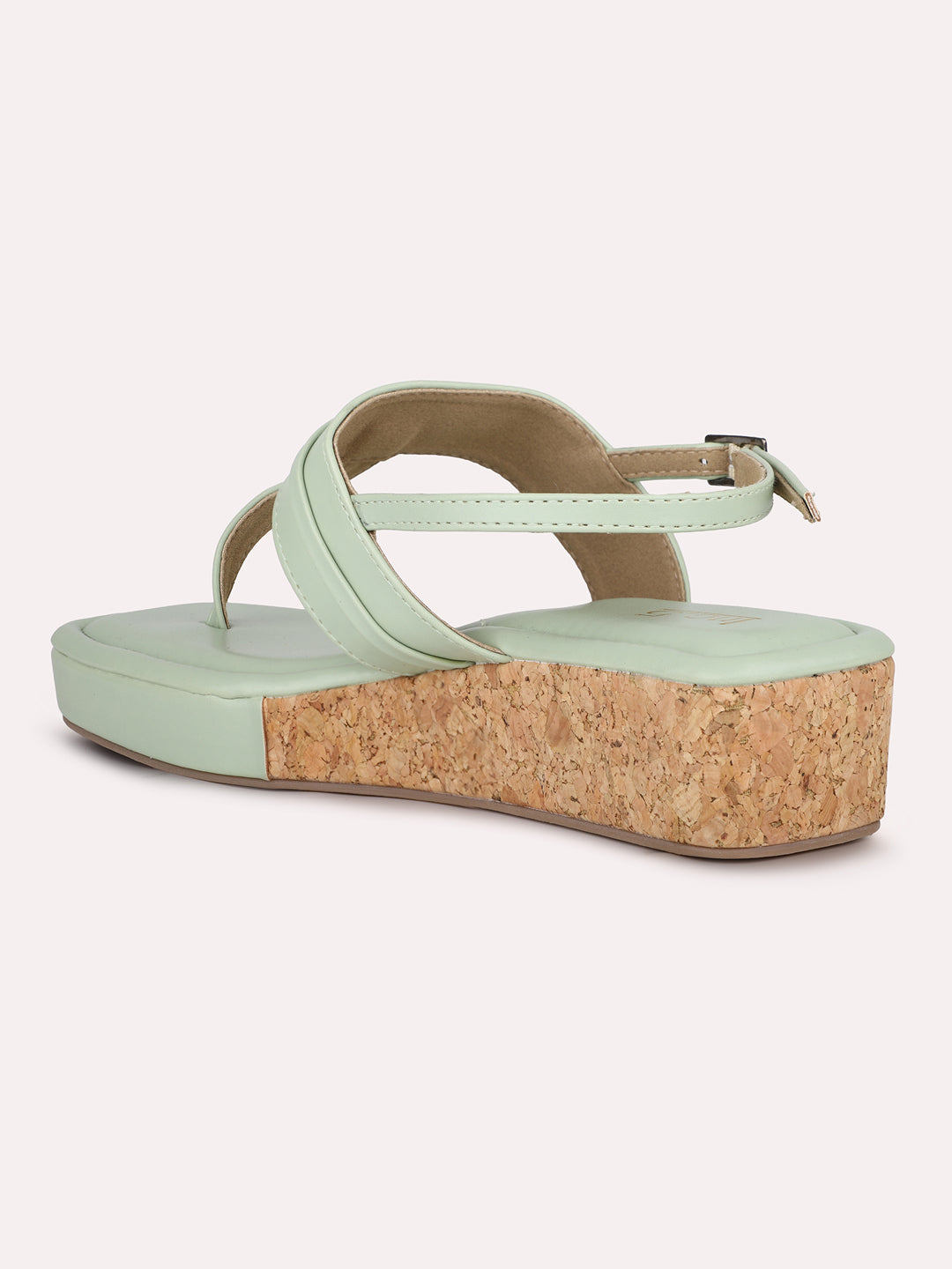 Women Green Cork Finish T-Strap Wedge Heels