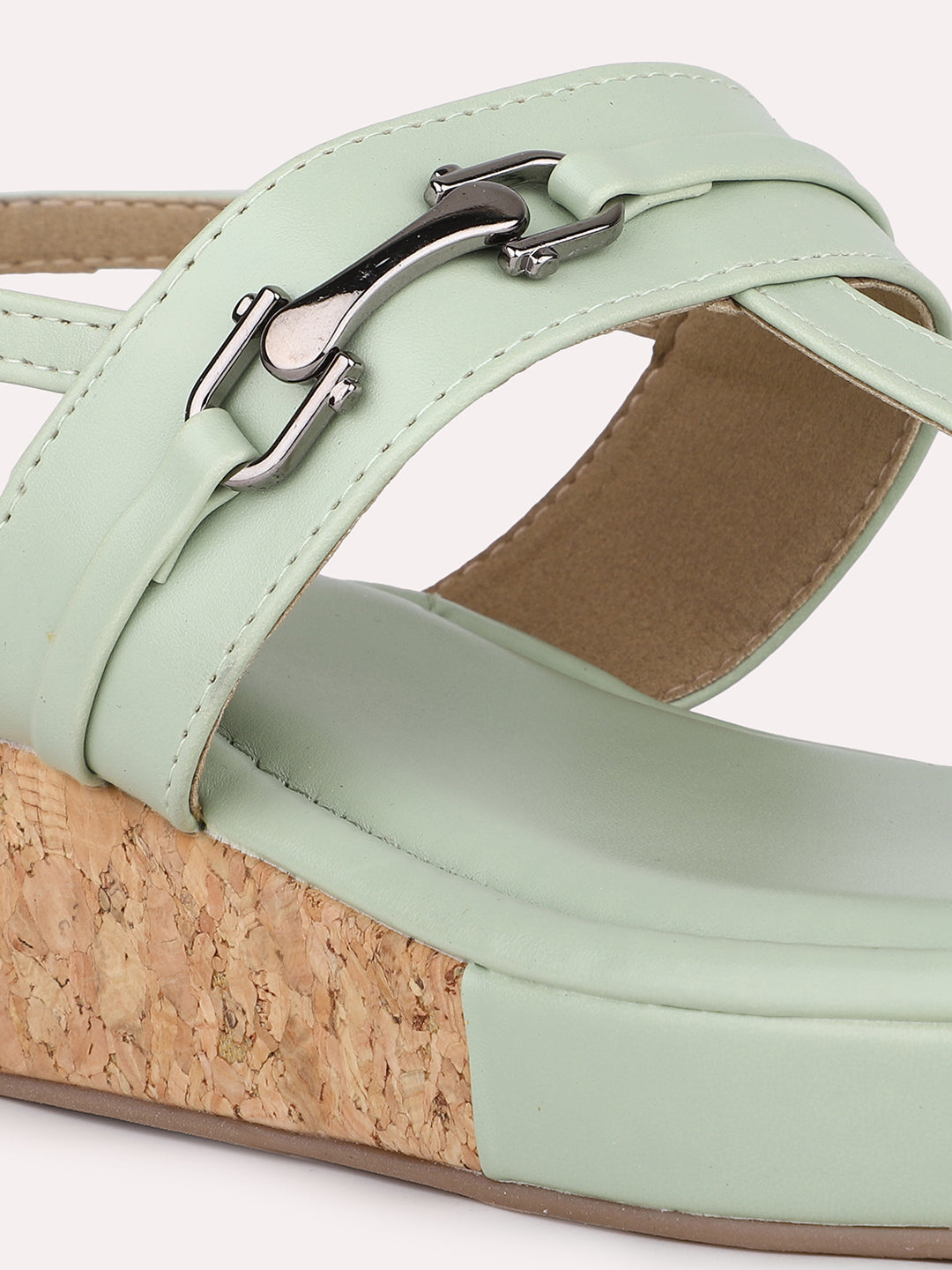 Women Green Cork Finish T-Strap Wedge Heels