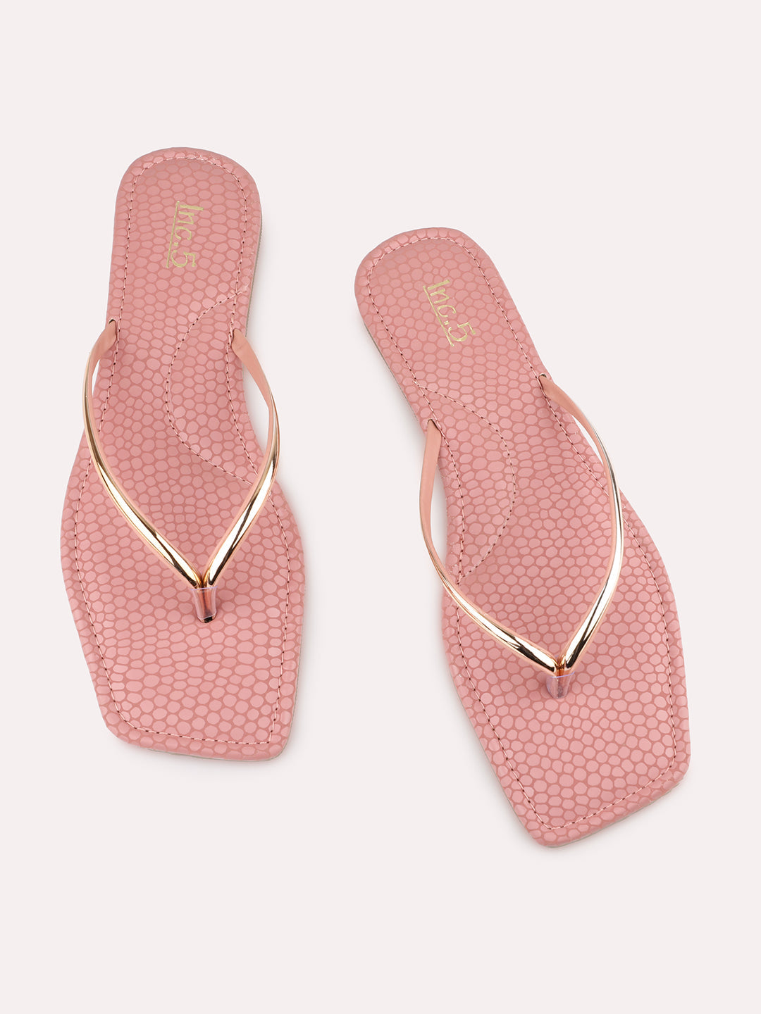 Women Peach And Gold Toned Open Toe Flats