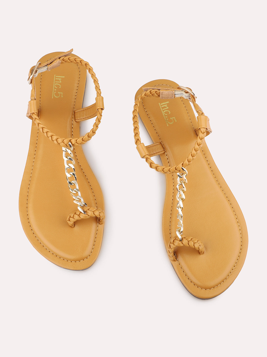 Women Mustard Textured One Toe Flats With Chain Details