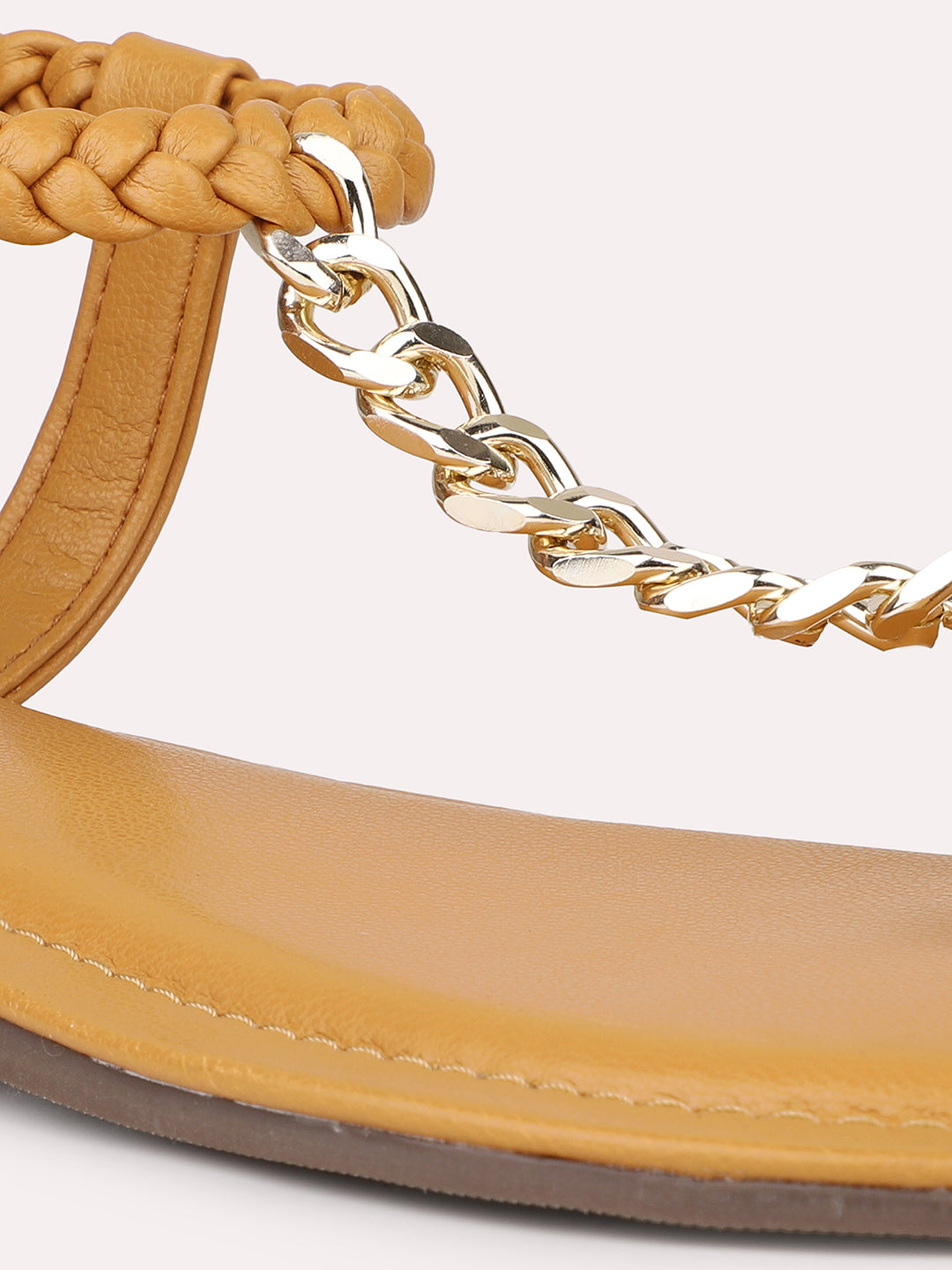 Women Mustard Textured One Toe Flats With Chain Details