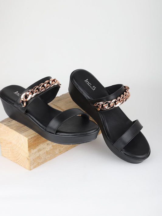 Women Black & Gold-Toned Buckle Detailed Solid Wedge Heels