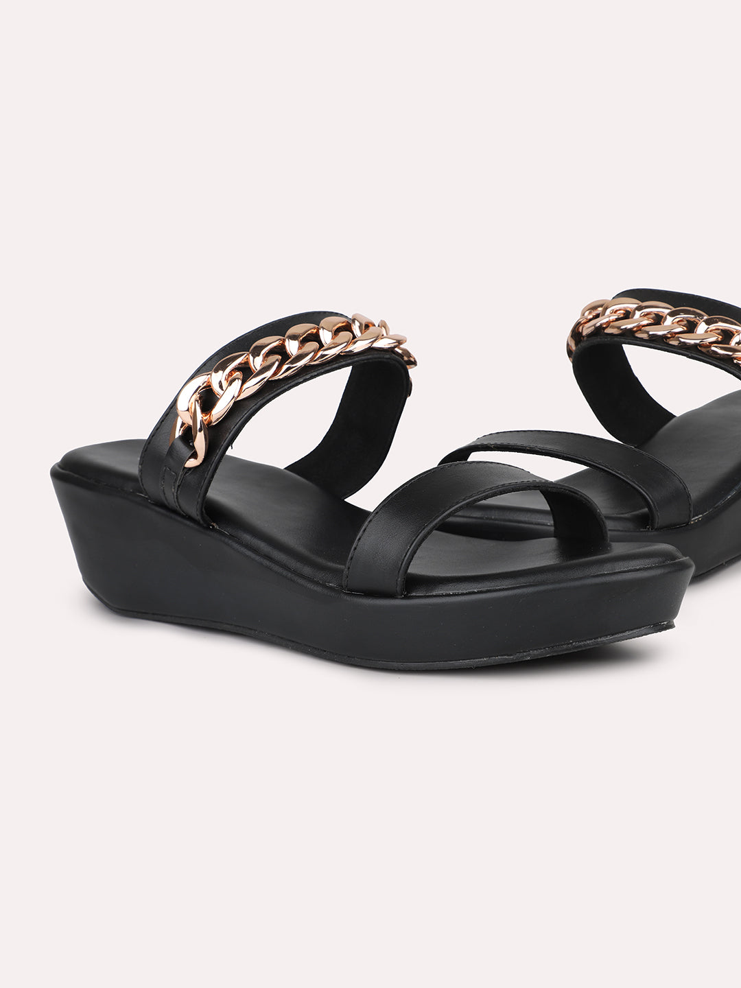 Women Black & Gold-Toned Buckle Detailed Solid Wedge Heels