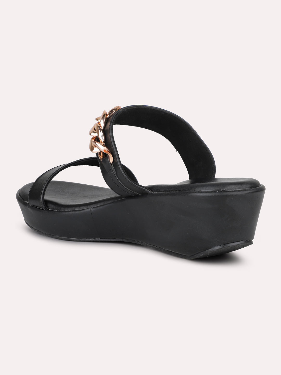 Women Black & Gold-Toned Buckle Detailed Solid Wedge Heels