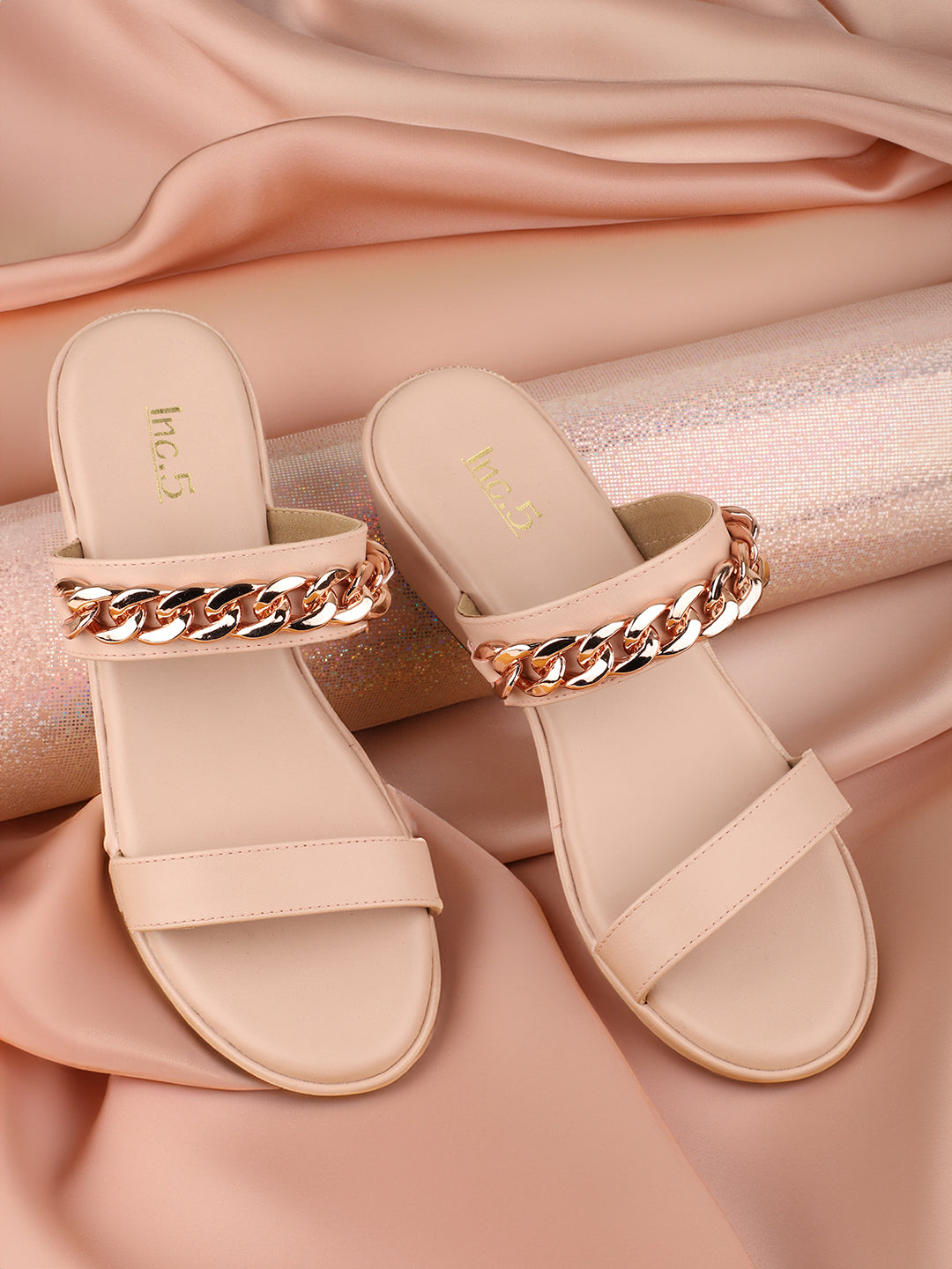 Women Peach & Gold-Toned Buckle Detailed Solid Wedge Heels