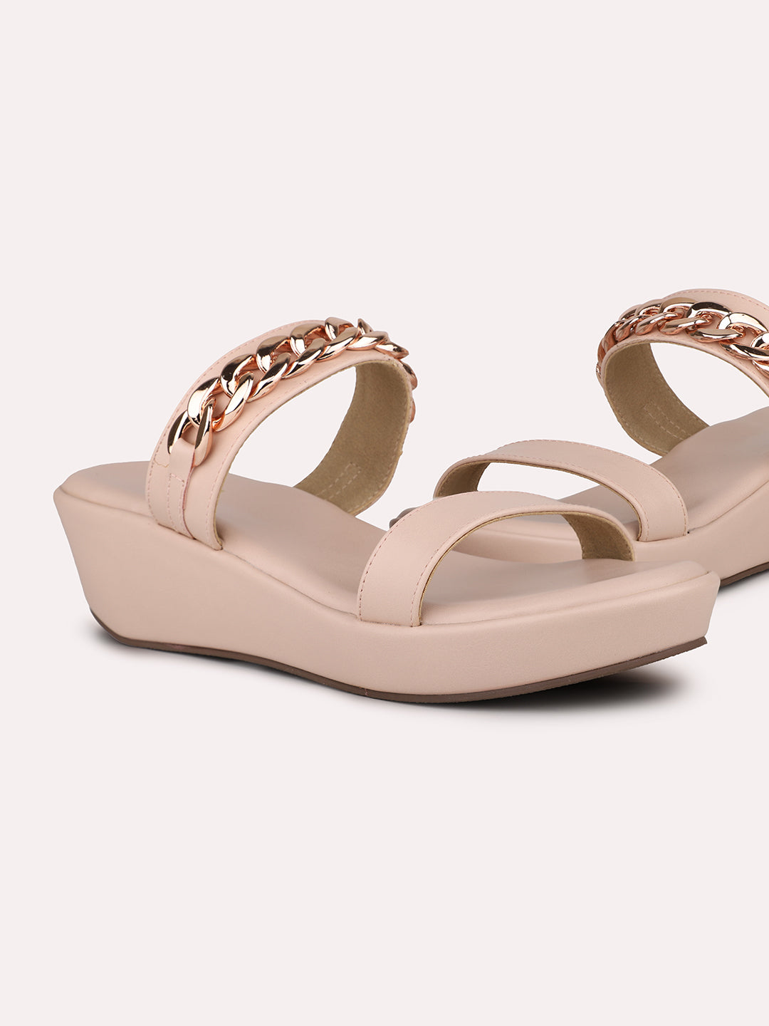 Women Peach & Gold-Toned Buckle Detailed Solid Wedge Heels