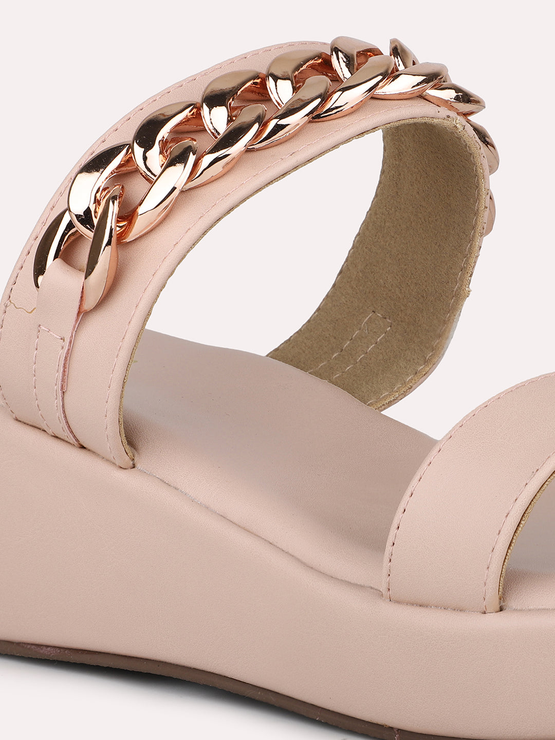 Women Peach & Gold-Toned Buckle Detailed Solid Wedge Heels