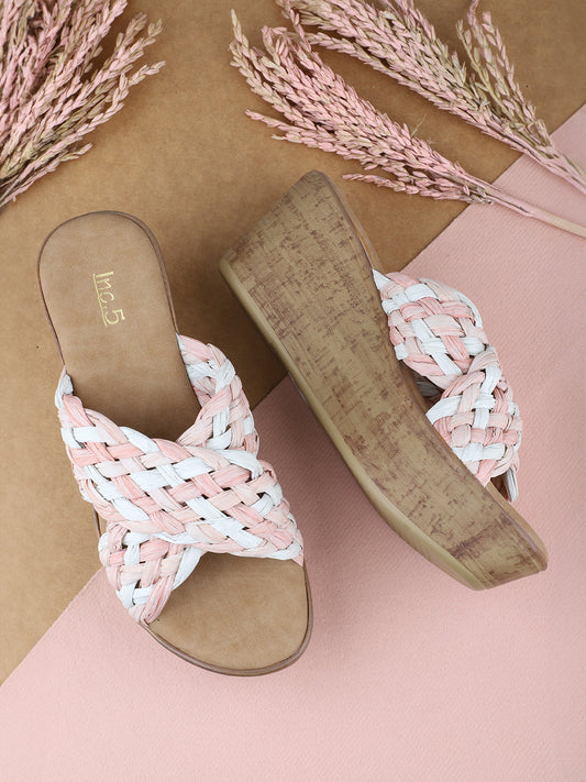 Women Pink & White-Toned Woven Design Wedge Heels