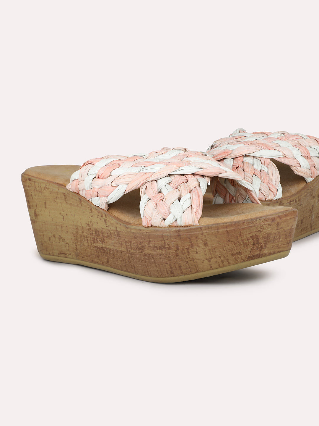 Women Pink & White-Toned Woven Design Wedge Heels