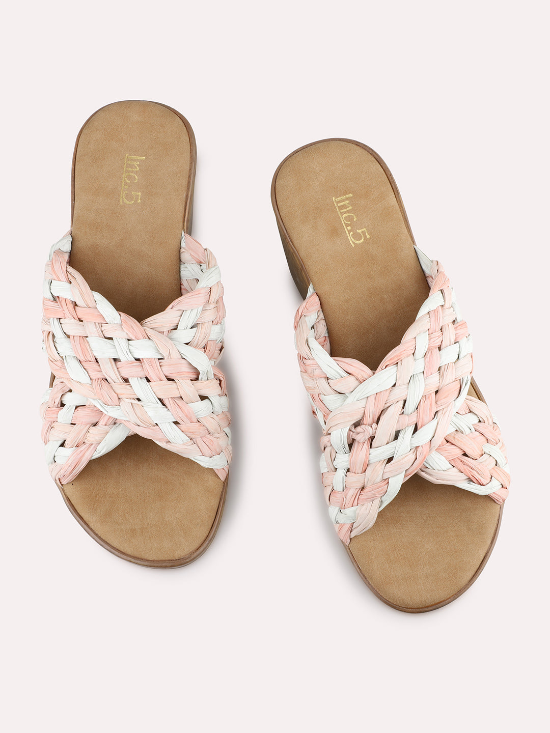 Women Pink & White-Toned Woven Design Wedge Heels