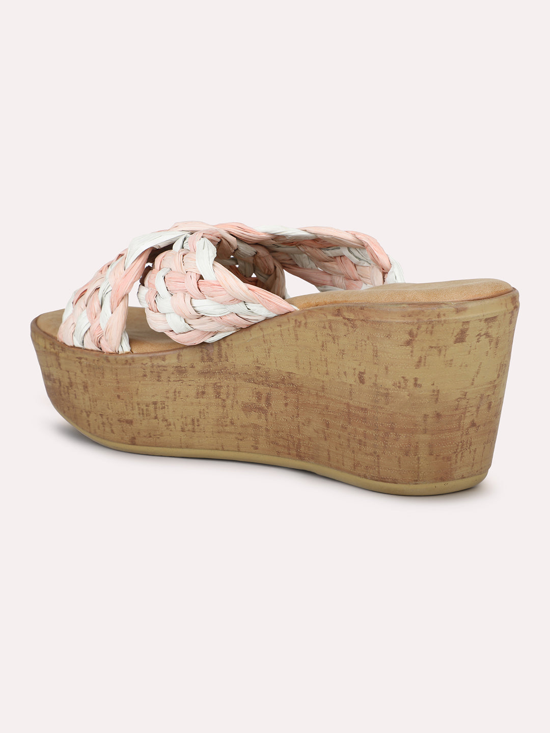 Women Pink & White-Toned Woven Design Wedge Heels