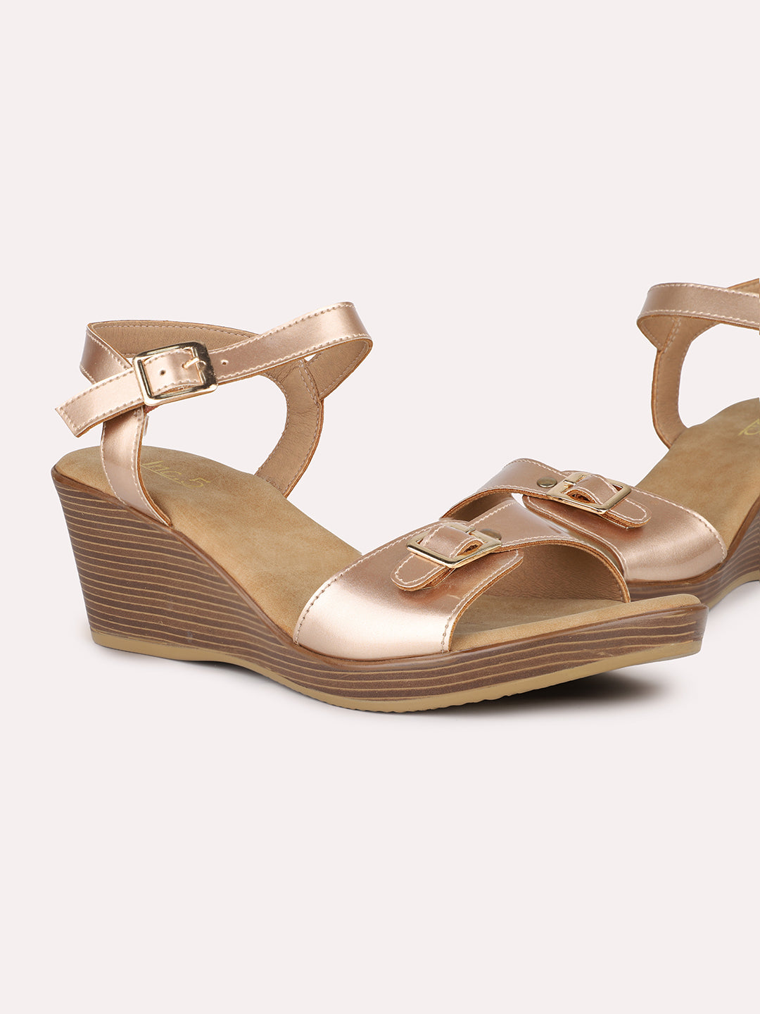 Women Rose Gold Open Toe Wedges With Buckle Closure