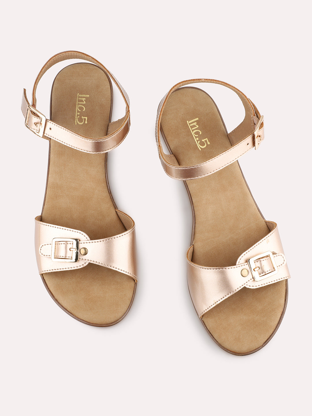 Women Rose Gold Open Toe Wedges With Buckle Closure