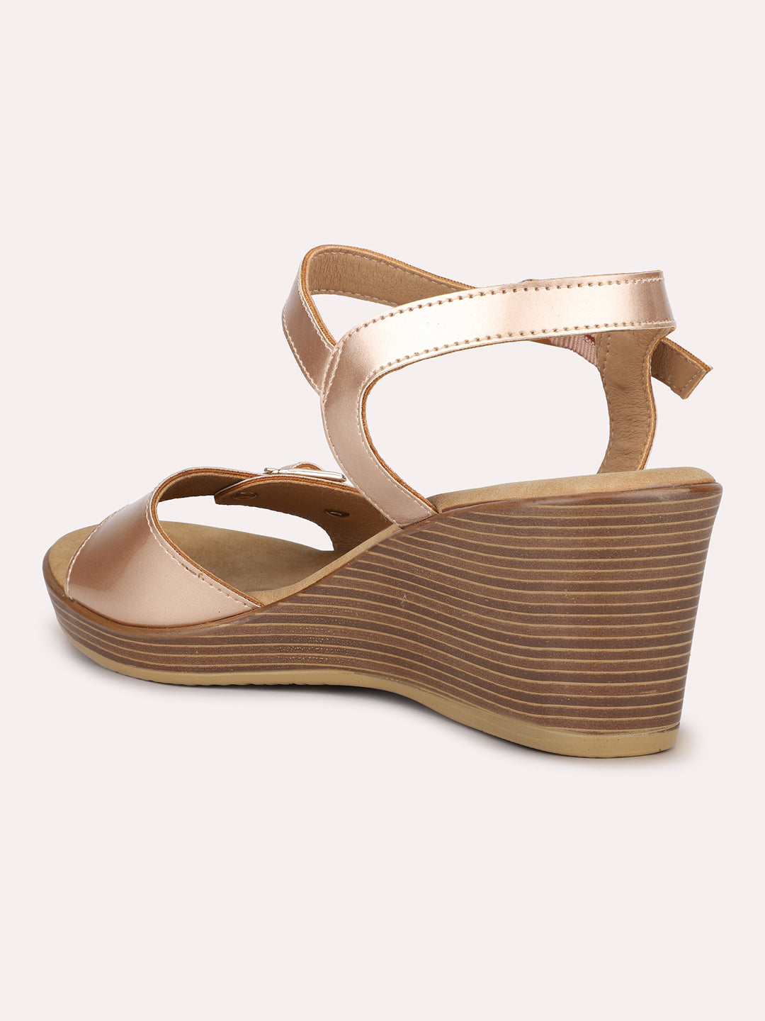 Women Rose Gold Open Toe Wedges With Buckle Closure