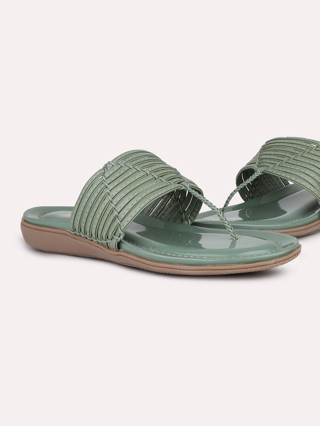 Women Green Textured T-Strap Open Toe Flats