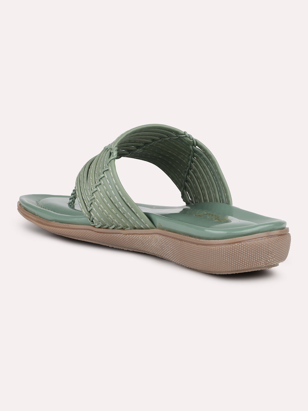 Women Green Textured T-Strap Open Toe Flats