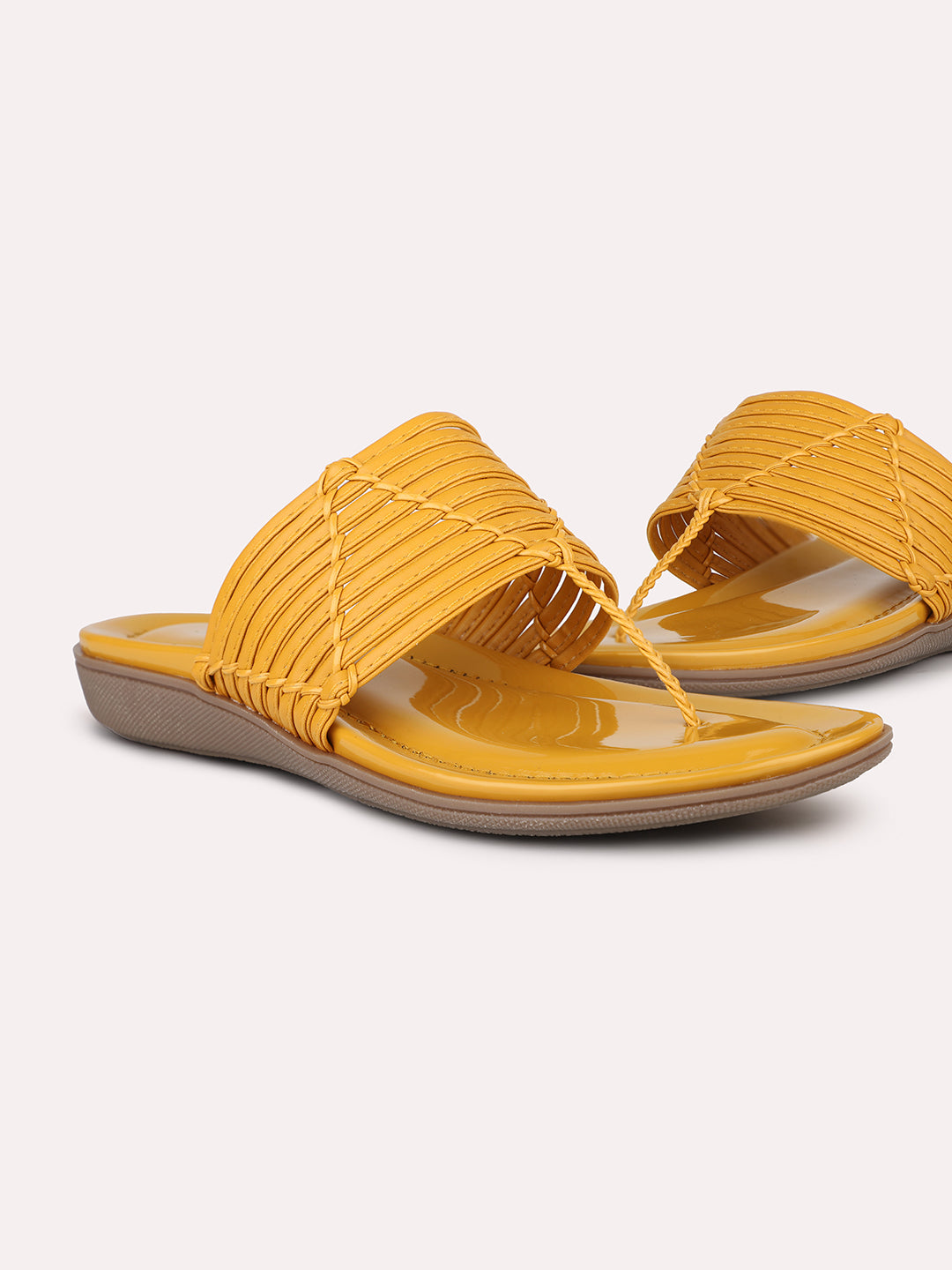 Women Mustard Textured T-Strap Open Toe Flats