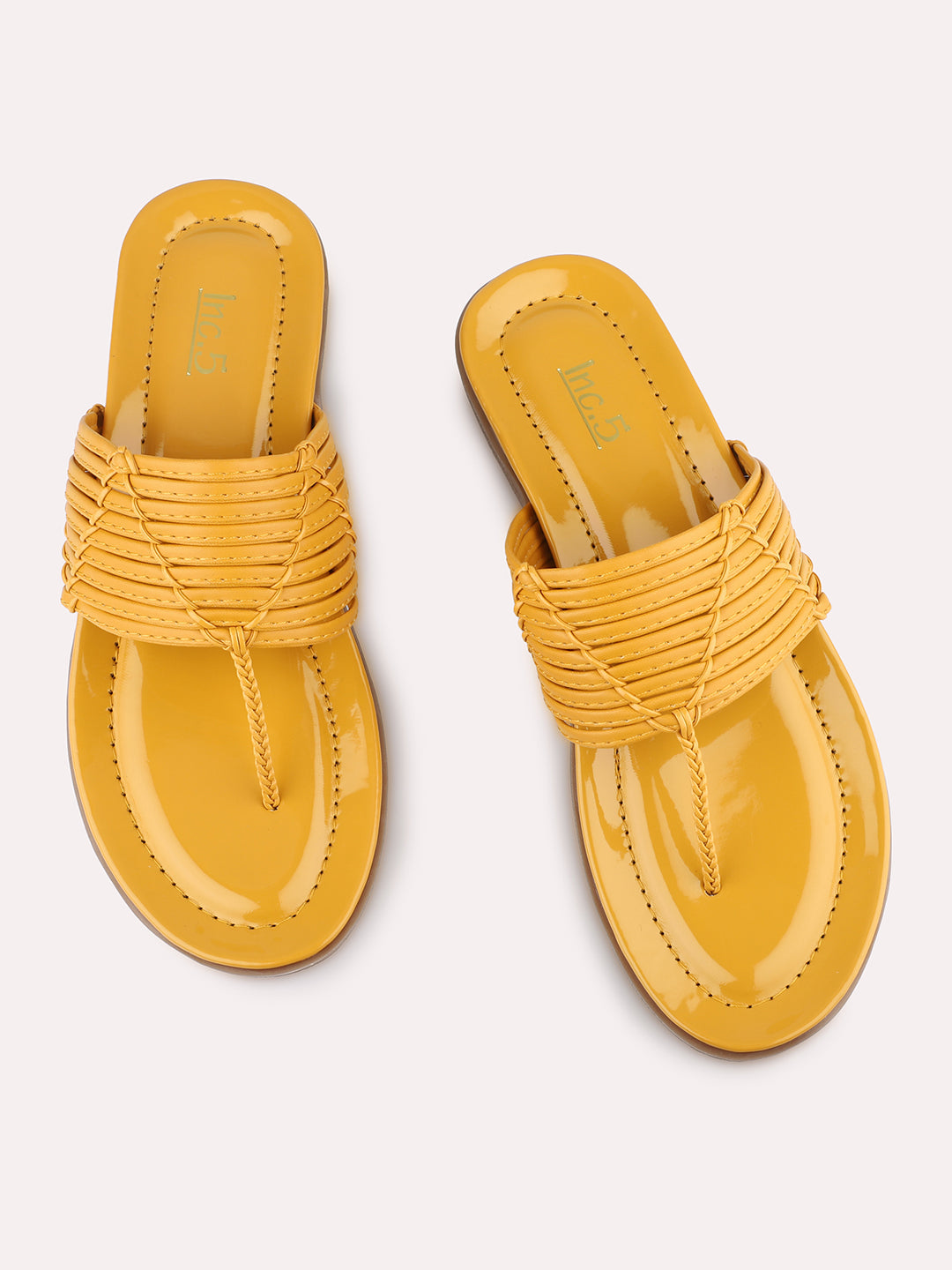 Women Mustard Textured T-Strap Open Toe Flats