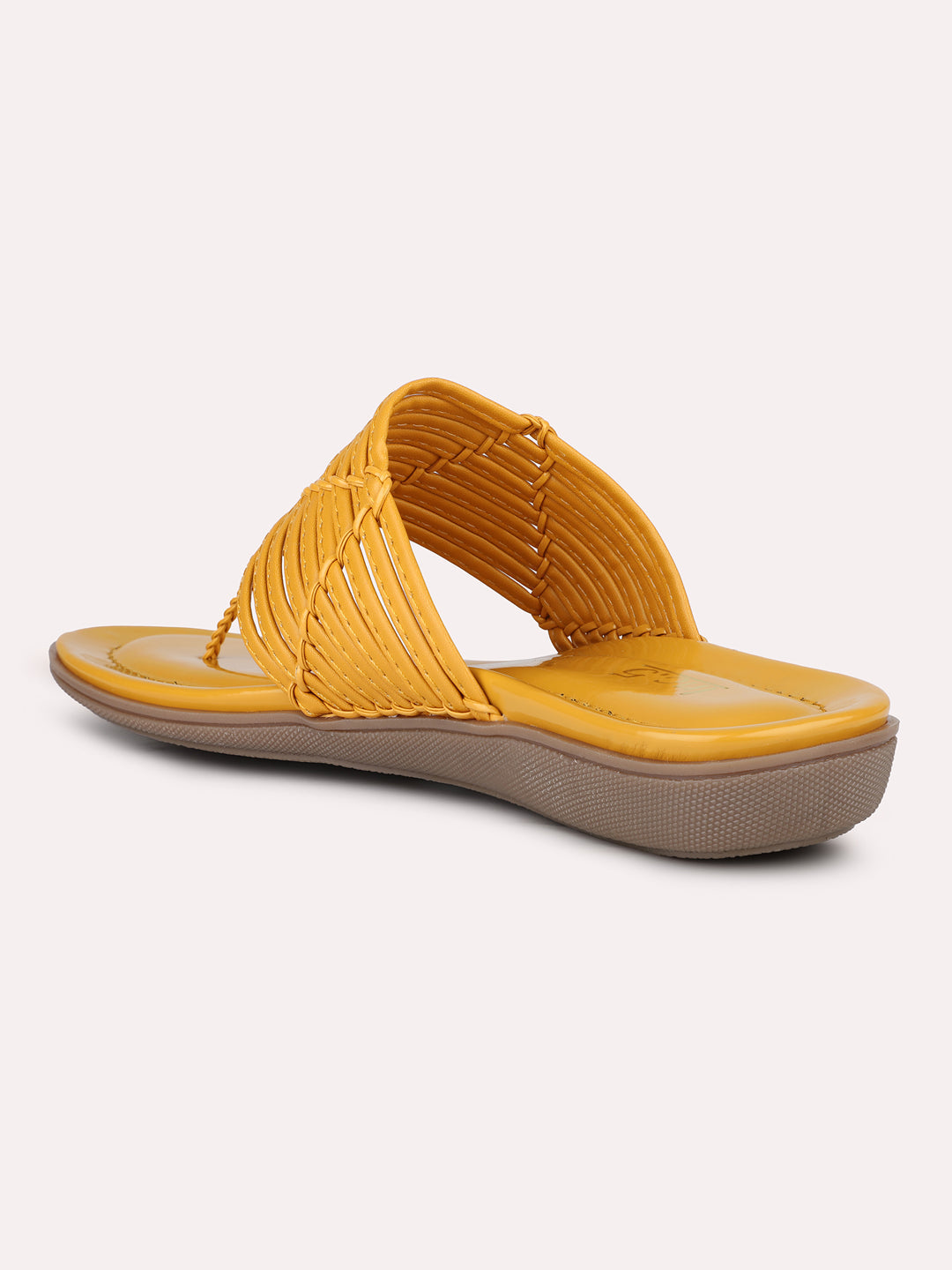 Women Mustard Textured T-Strap Open Toe Flats