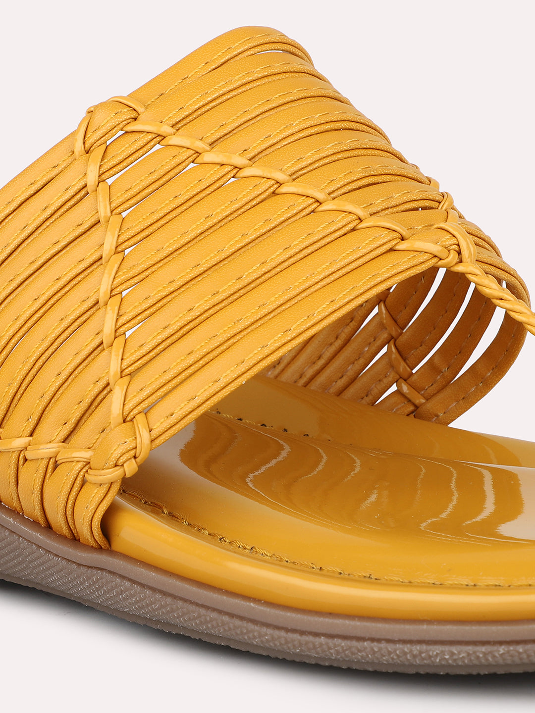 Women Mustard Textured T-Strap Open Toe Flats