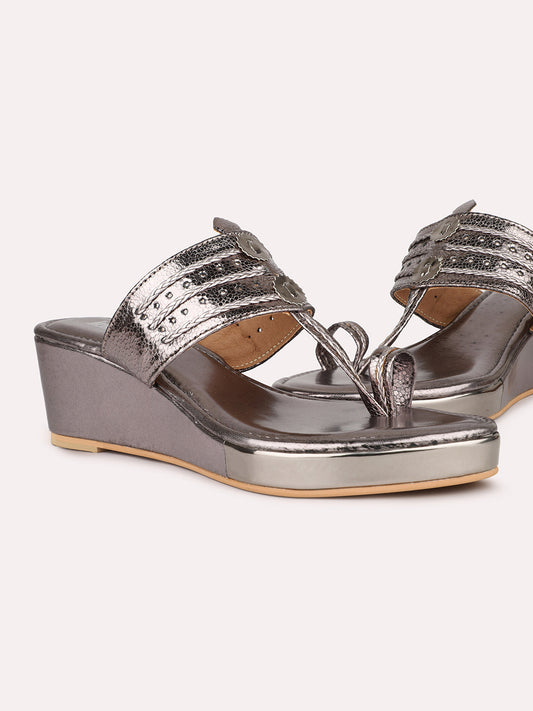 Women Gun Metal Embellished One Toe Wedges