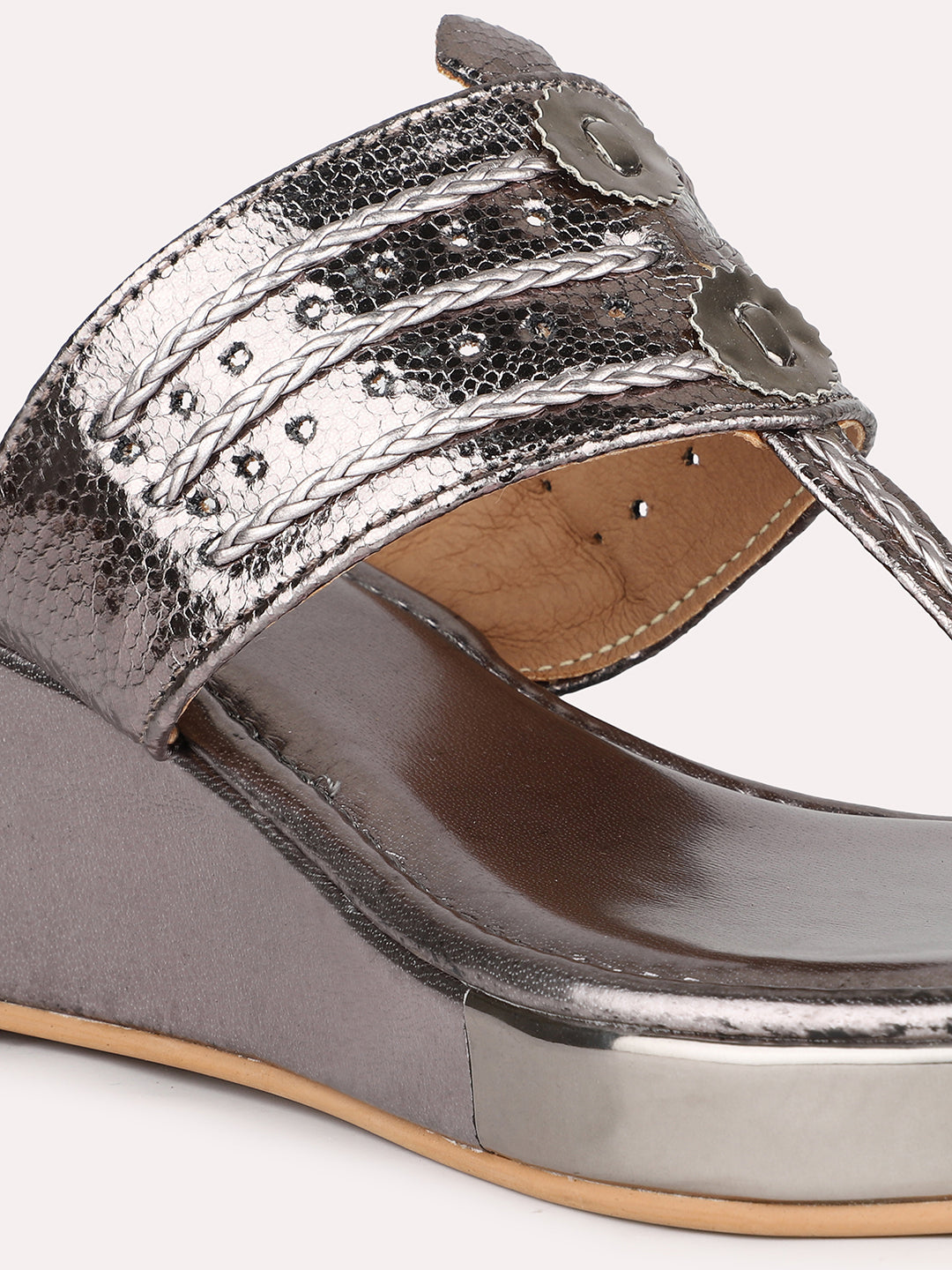 Women Gun Metal Embellished One Toe Wedges