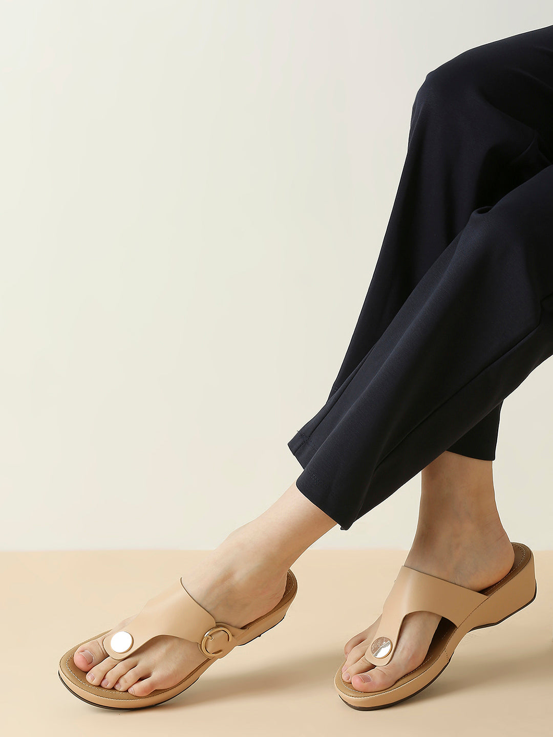 Women Beige Buckle Detail Open Toe Comfort Heels