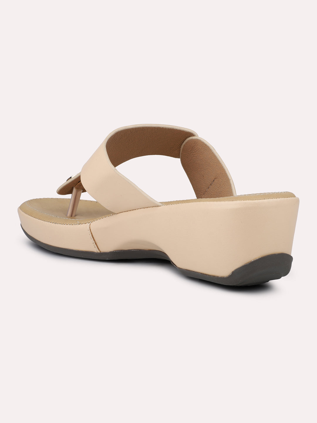 Women Beige Buckle Detail Open Toe Comfort Heels