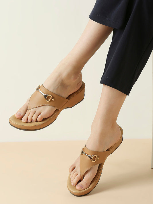 Women Beige Buckle Detail Open Toe Comfort Heels