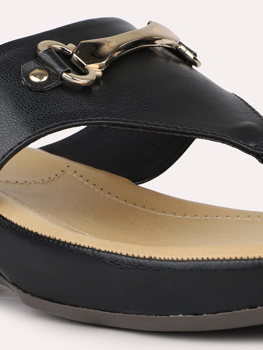 Women Black Buckle Detail Open Toe Comfort Heels