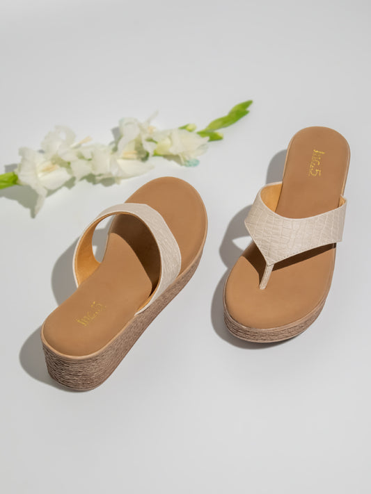 Women Beige Textured Open Toe Wedges