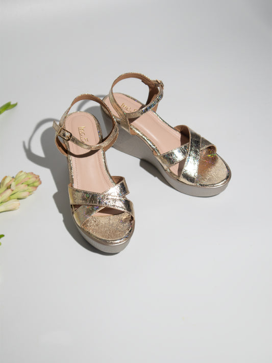 Women Gold-Toned Shimmer Textured Wedges