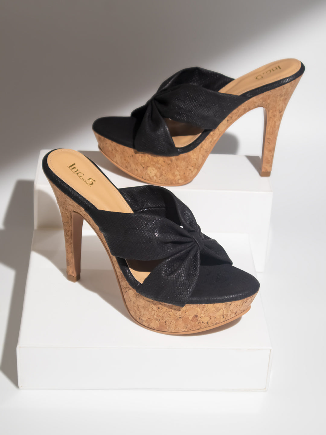 Women Black Textured Platform Heels