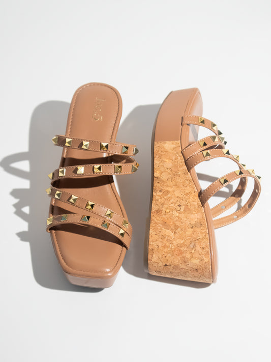 Women Tan Studded Open Toe Wedge Heels