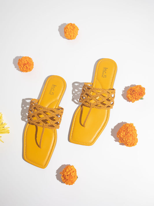 Women Mustard Woven Design Open Toe Flats