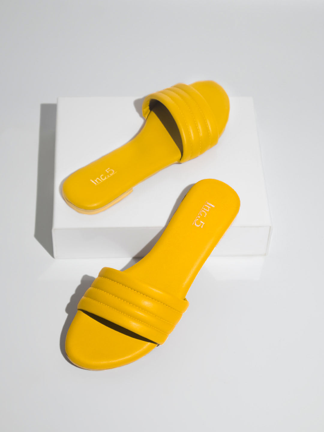 Women Yellow Striped Open Toe Flats