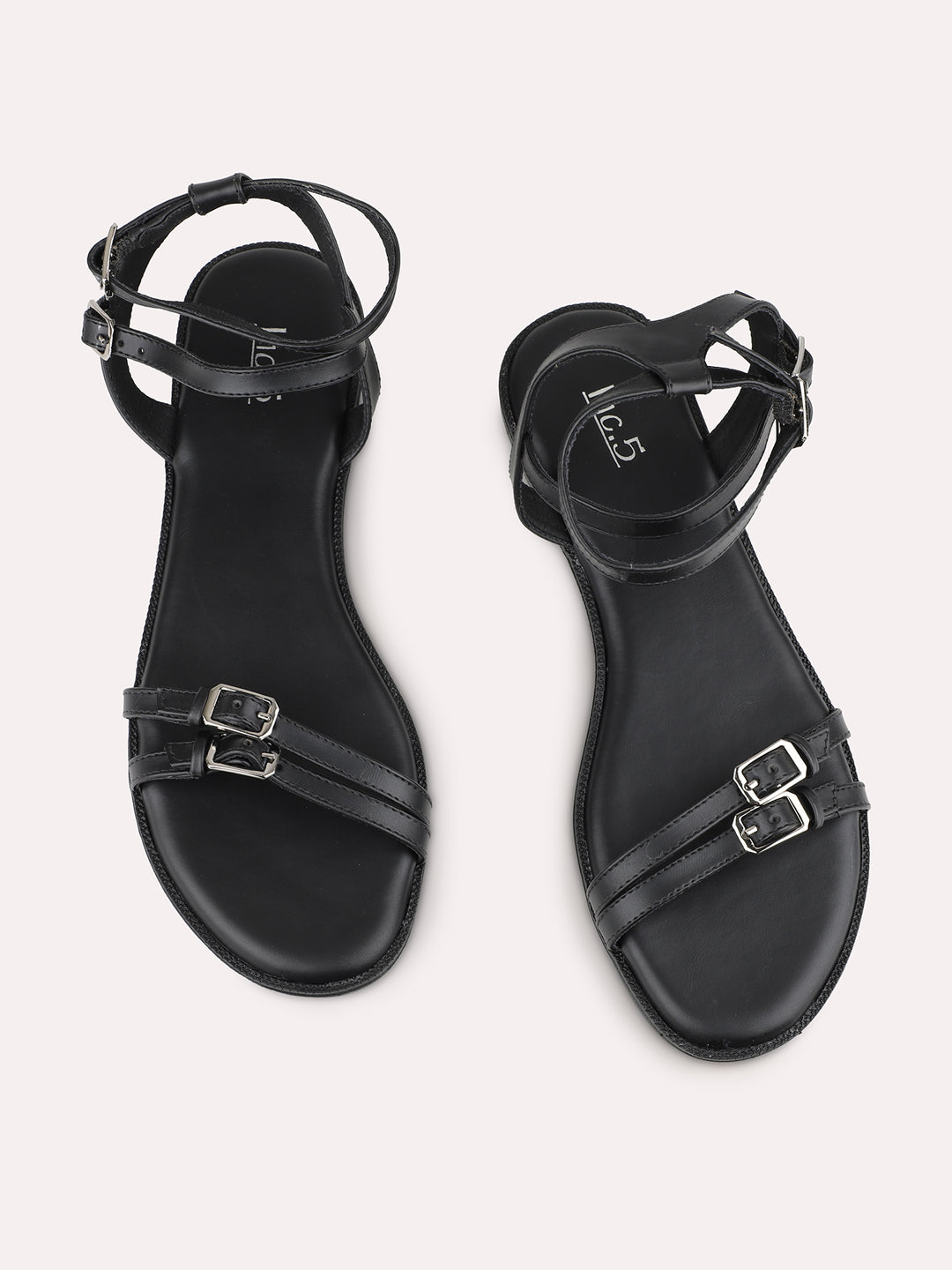 Women Black Strappy Open Toe Flats With Buckles