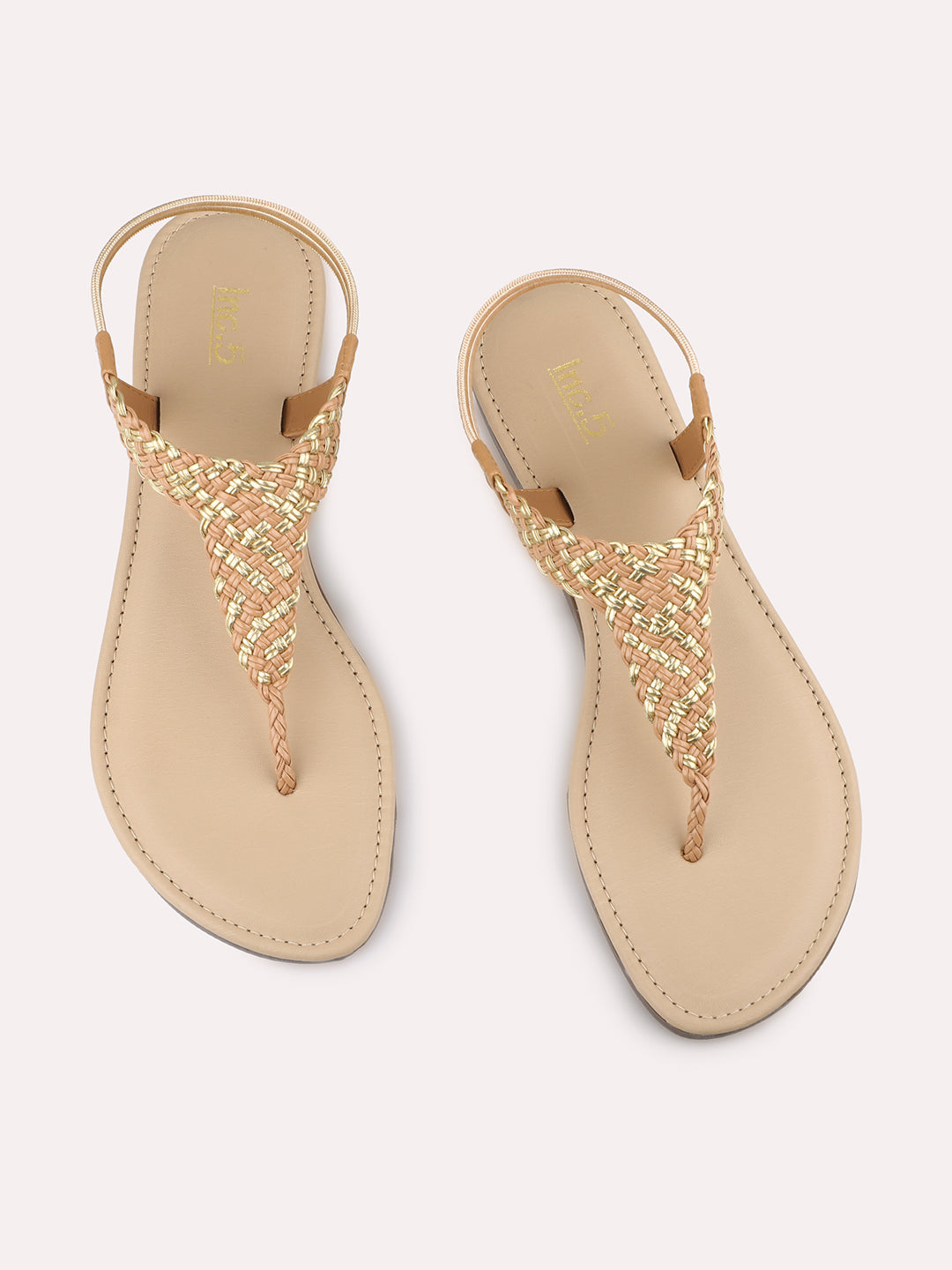 Women Beige Braided T-Strap Flats With Backstrap