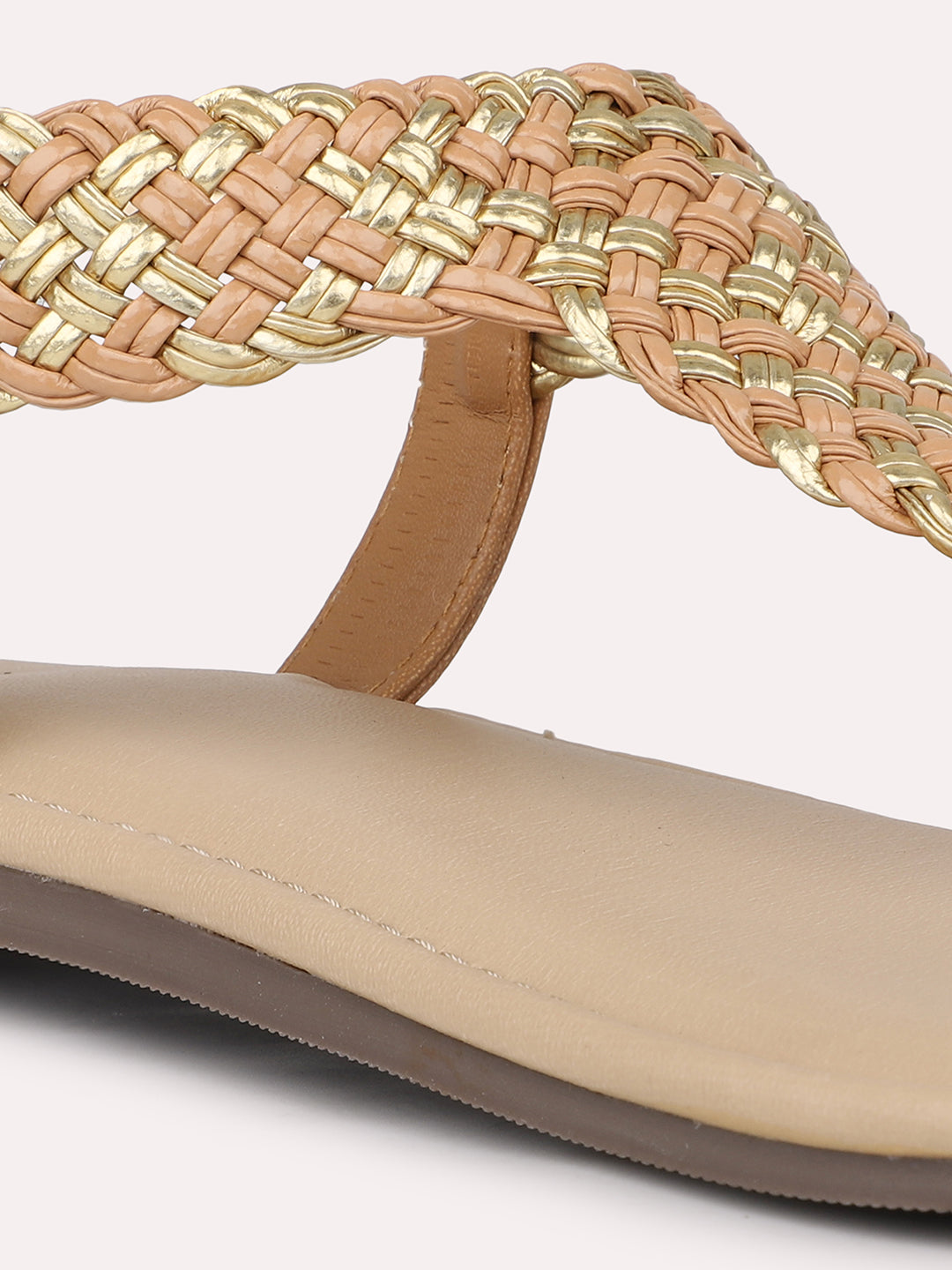 Women Beige Braided T-Strap Flats With Backstrap