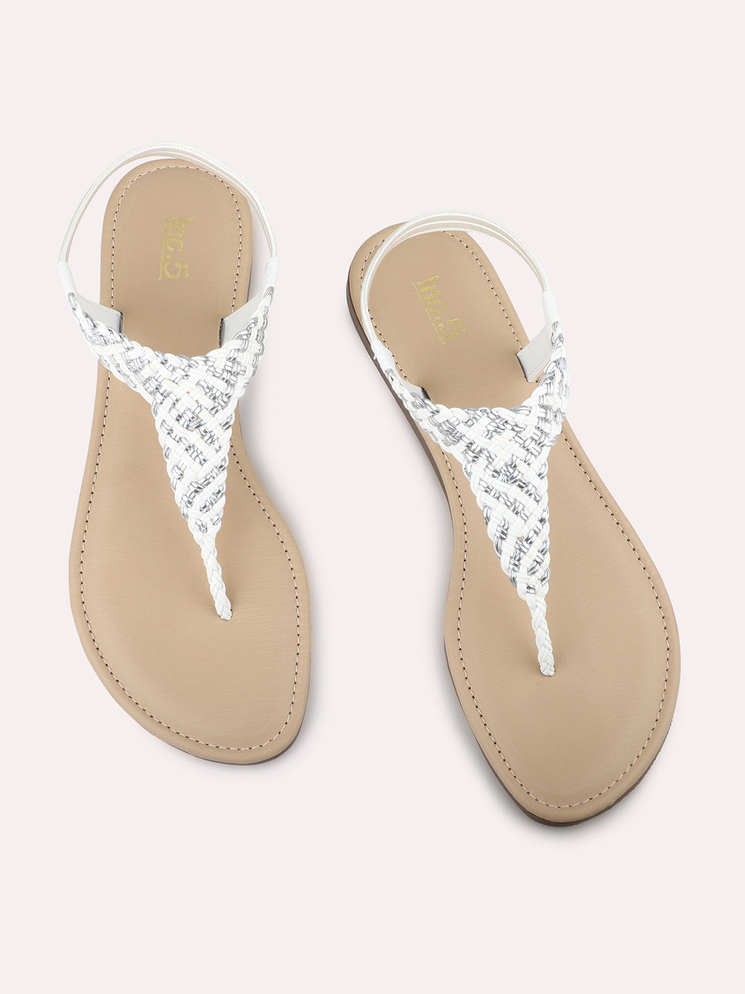 Women White Braided T-Strap Flats With Backstrap