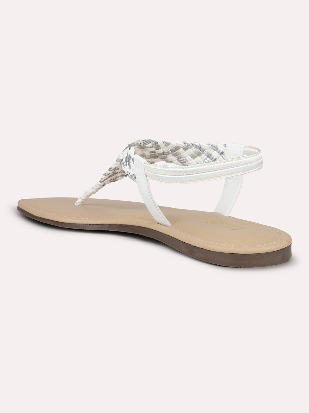 Women White Braided T-Strap Flats With Backstrap